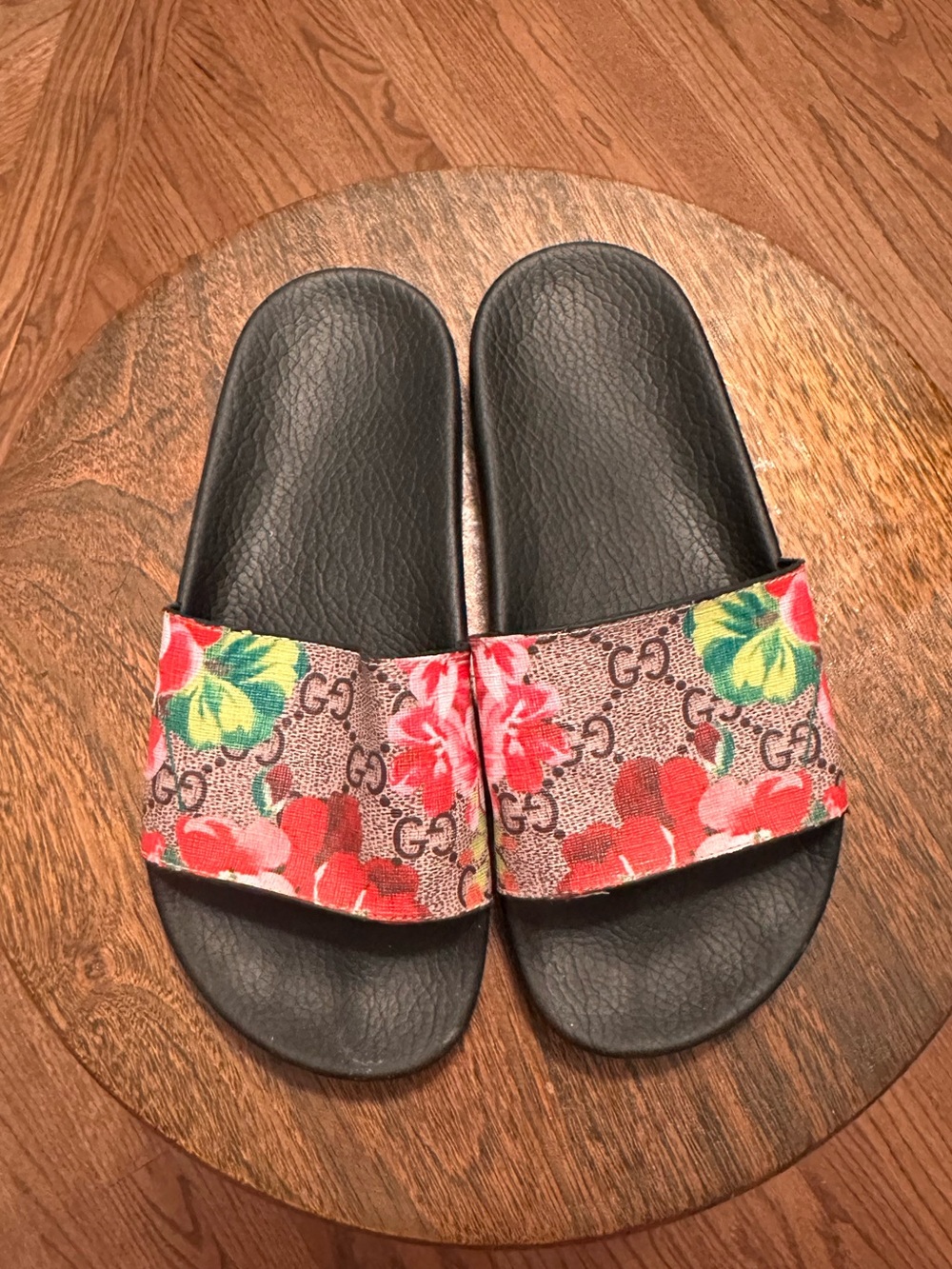 Black Floral Slide Sandals with Signature Print